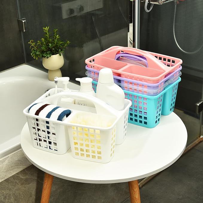 ALINK Plastic Shower Caddy Basket with Compartments, Portable Divided Cleaning Supply Storage Organizer with Handle for College Dorm Bathroom - Pink