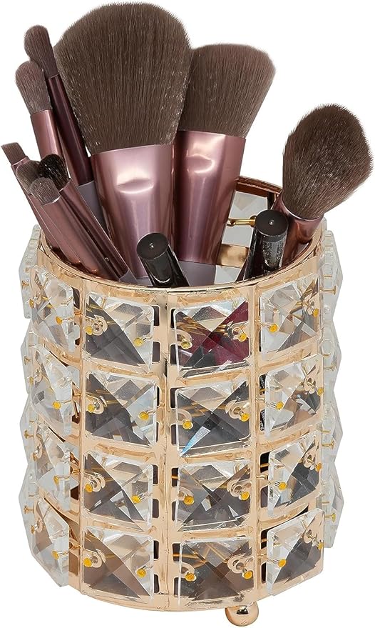 AKOAK 1 Pack Crystal Makeup Brush Holder Office Supplies Storage Rack Eyebrow Pencil/Lipstick/Pencil Makeup Container, Dressing Table, Bedroom, Office (Gold)