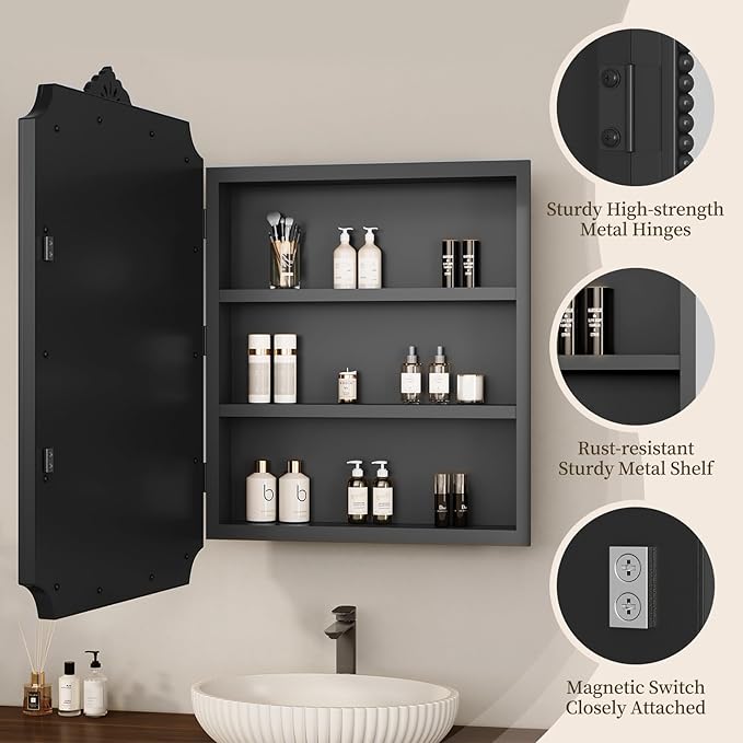 24x36 Inch Medicine Cabinets for Bathroom, Medicine Cabinet Mirror with Storage, Recessed or Surface Mount Medicine Cabinet Mirror，All-Metal Frame, Sturdy & Heavy Shelves, Easy Assembly（Black）