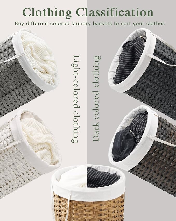 SETVSON Laundry Hamper Laundry Basket Round 19.0 Gal (72 L) Handwoven Rattan Hamper, Large Wicker Laundry Hamper with Removable Laundry Bag Handles 2 Mesh Bags for Bedroom Living Room White (No Lid)