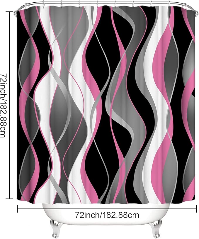 BEIFIVCL 4Pcs Pink Shower Curtain Sets with Non-Slip Rugs, Toilet Lid Cover and Bath Mat, Black and Gray Bathroom Decor Set Accessories Fabric Waterproof Shower Curtains with 12 Hooks, 72 x 76 Inch