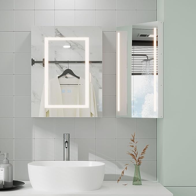 Corner Medicine Cabinet Mirror with Lights,Lighted Medicine Cabinet with Mirror,Led Mirror Cabinet for Bathroom,14x 24 Small Corner Wall Cabinet,White