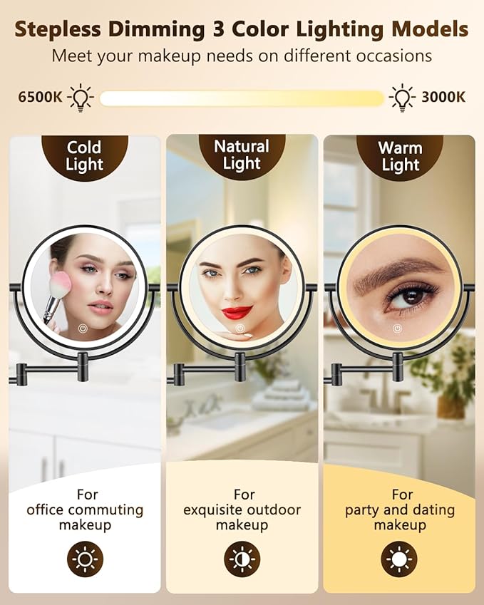 ALHAKIN 9" Wall Mounted Lighted Makeup Mirror, Large Double Sided 1X/10X Magnifying Mirror with 3 Color Lights Dimmable, 360° Rotation, Black
