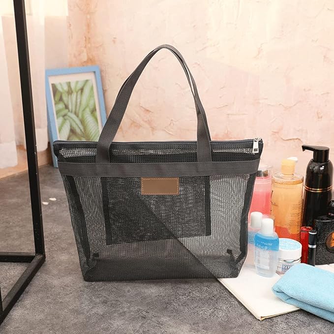 Mesh Shower Caddy, Quick Dry Portable Tote with Zipper and Inner Pocket, Beach Bag, Lightweight Bath Organizer for College Dorm, Swimming, Gym, Beach, Travel (Gray)