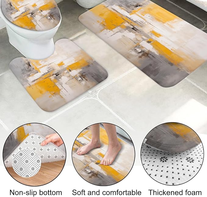 Lnond 4Pcs Bathroom Shower Curtain Sets with Rugs,Yellow Grey Ombre Bathroom Sets with Shower Curtain and Rugs and Accessories