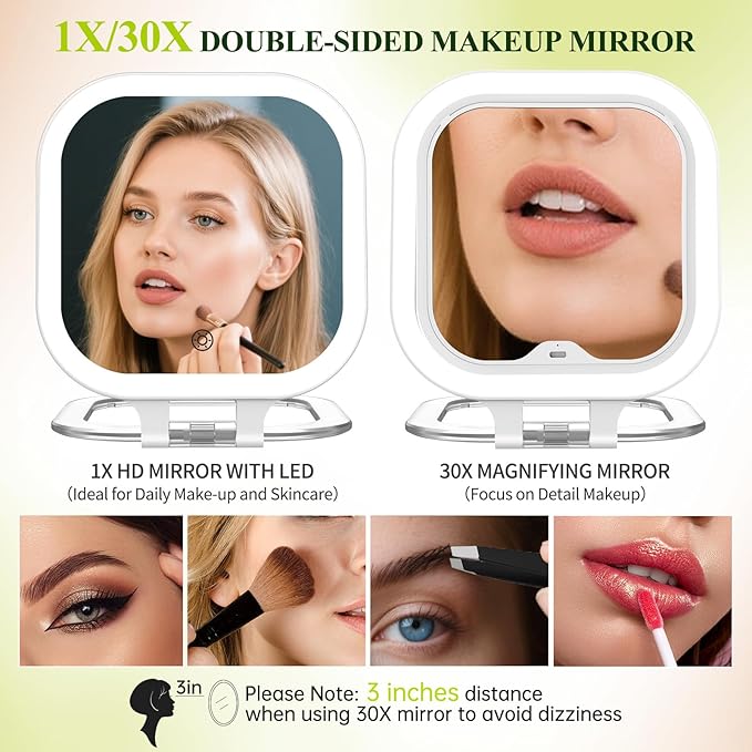 FUNTOUCH 7" Travel Makeup Mirror 30X Magnification,Rechargeable Double Sided Lighted Portable Vanity Mirror with Lights, 3 Color Lights & Adjustable Brightness, 300°Rotation, Gift for Women,White