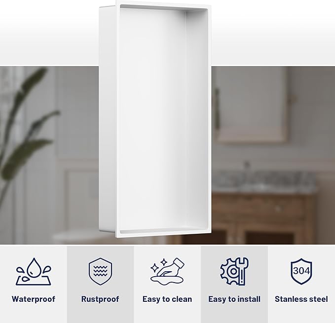 Stainless Steel Shower Niche 24"X12" No Tile Needed Recessed Inserted Wall Niche Shower for Bathroom, Living Room, Kitchen for Storage, White