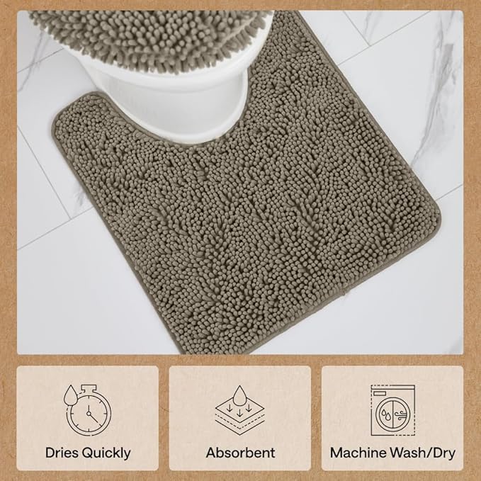 Gorilla Grip Shaggy Chenille Bath Rug Mat for Toilet Base, Machine Washable, Microfiber Dries Quickly, Plush Absorbent Contour Mats for Toilets, Bathroom Decor, Oval U-Shape, 22'' x 19'' x 15'', Latte
