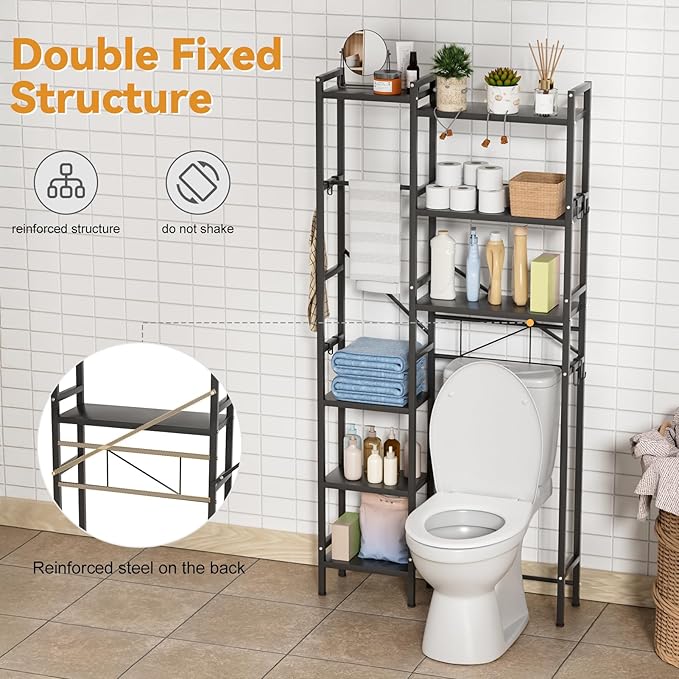 Bathroom Shelf, Over The Toilet Storage with 3-Tier Bathroom Shelves, Adjustable Height & Heavy-Duty Steel Frame Over Toilet Storage (Black)