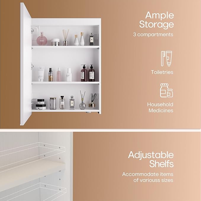 28x20 inch LED Lighted Medicine Cabinet with Mirror, Moisture-Resistant Wood, Stepless Dimmable, 3000K/5500K, Defogger, Adjustable Shelf, Flat-Pack Design – Assembly Required (White)