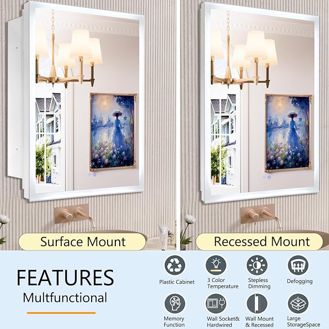 Smart Lighted Medicine Cabinet with Anti-Fog Mirror-16x26 Inch, Dimmable LED, Touch Control, 3 Glass Shelves,Recessed or Surface Mount Bathroom Storage