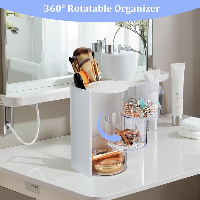 3-Tier Clear Hair Accessories Organizer with Makeup Brush Holder, Rotatable Jewelry Storage Box with Cute Stickers for Bows & Clips, Desktop Organizer Case for Bathroom Vanity Countertop (White)