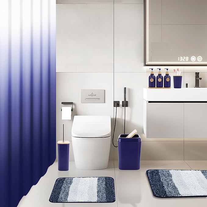 XLHOMO 32PCS Bathroom Sets with Shower Curtain and Rugs Navy Blue Shower Curtain Set 3PCS Soap Dispenser Bathroom Accessories with Bathroom Trash Can