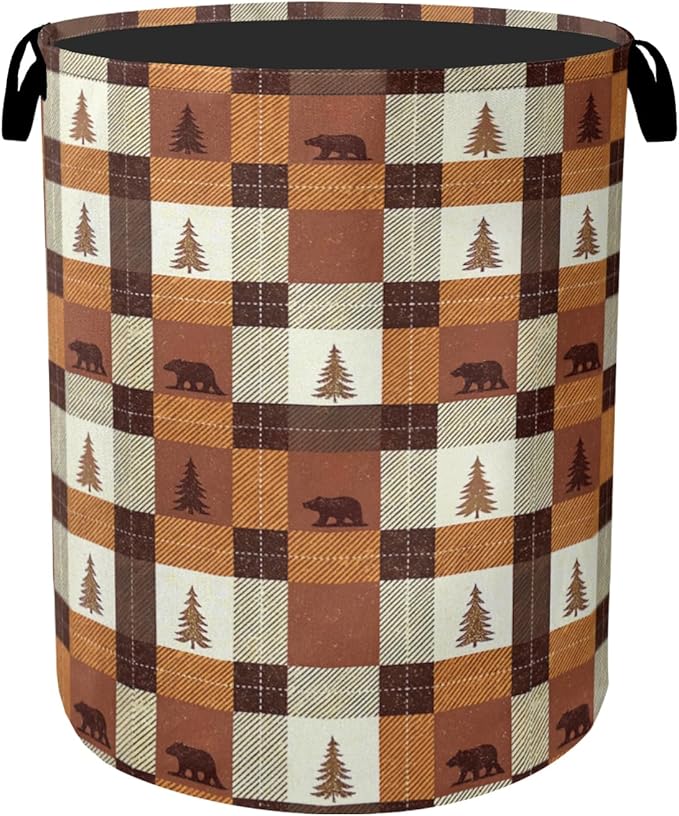 Forest Cabin Bear Laundry Basket with Handles - Extra Large Foldable Hamper for Bathroom/Laundry/Bedroom/Dorm, Washable Fabric Storage Bin