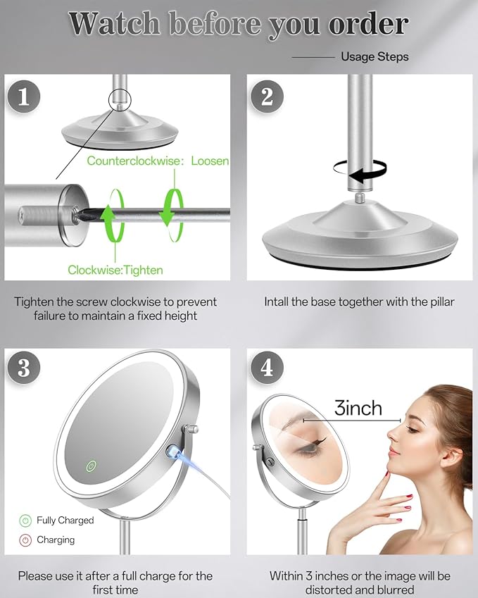 vpu Makeup Mirror with Lights, 1X/30X Lighted Magnifying Mirror Height Adjustable, 3000mAh Rechargeable Double Sided Vanity Mirrors with 3 LED Lighting and Adjustable Brightness for Desk Women Gift