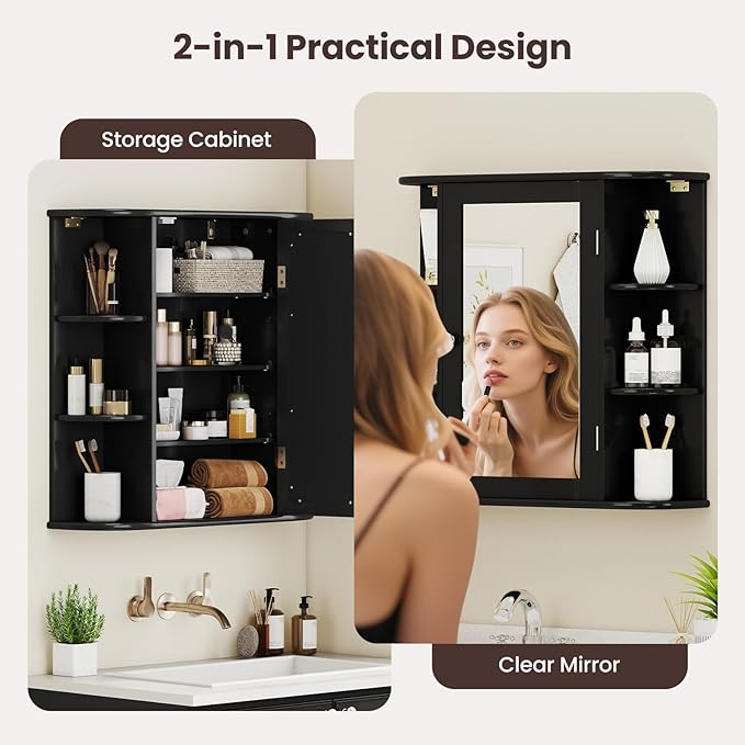 Giantex Bathroom Mirror Cabinet, Wall Mounted Medicine Cabinet with Mirrored Door & 4 Interior Shelves, 6 Open Shelves, Mounting Hardware, Space-Saving Storage Cabinet (Black)
