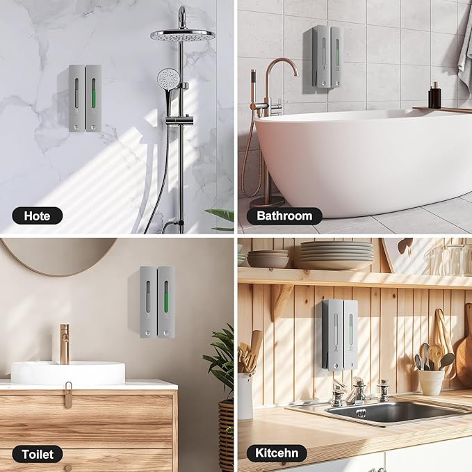 Shampoo and Conditioner Dispenser 2-Chamber Wall-Mounted Shower Soap Dispenser, No-Drill Installation, 800ML Capacity, Ideal for Bathrooms and Hotels (Silver)