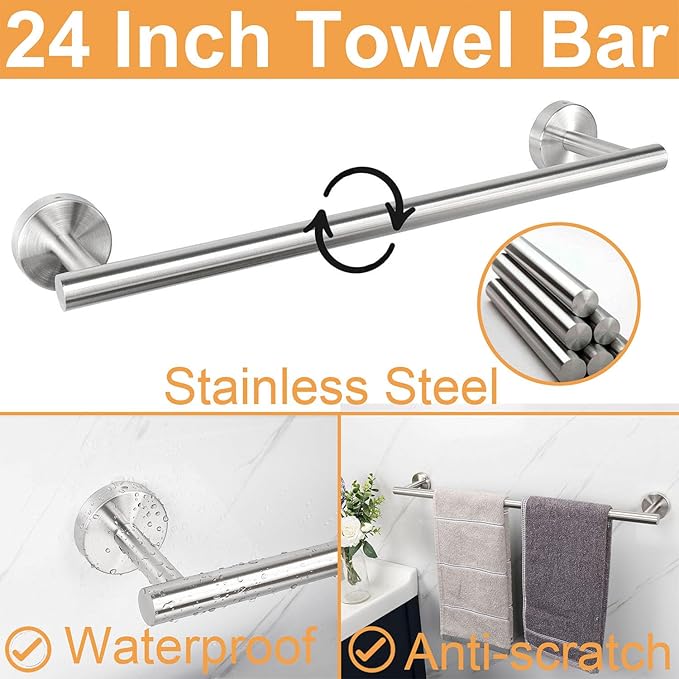 TocTen Bathroom Hardware Set, Thick Stainless Steel Bath Towel Bar Set Including Towel Rack for Bathroom+Toilet Paper Holder+3 Robe Towel Hooks Wall Mount Bathroom Accessory Set(24IN,Brushed Nickel)
