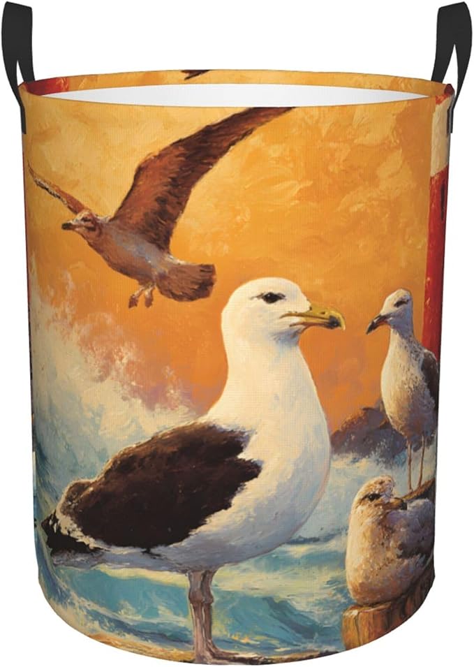 Seagull Ocean Laundry Hamper, Collapsible Storage Basket with Handles for Clothes, Bedroom, Bathroom 19.6 x15.7 Inch