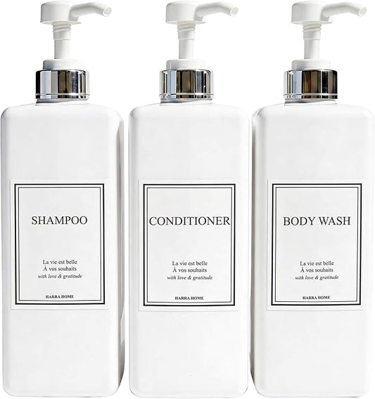 Shampoo and Conditioner Dispenser - Modern Design Large 27oz Shower Soap Dispenser Set of 3, Refillable Empty Plastic Pump Bottles for Bathroom, 6 Waterproof Labels Included, White & Silver