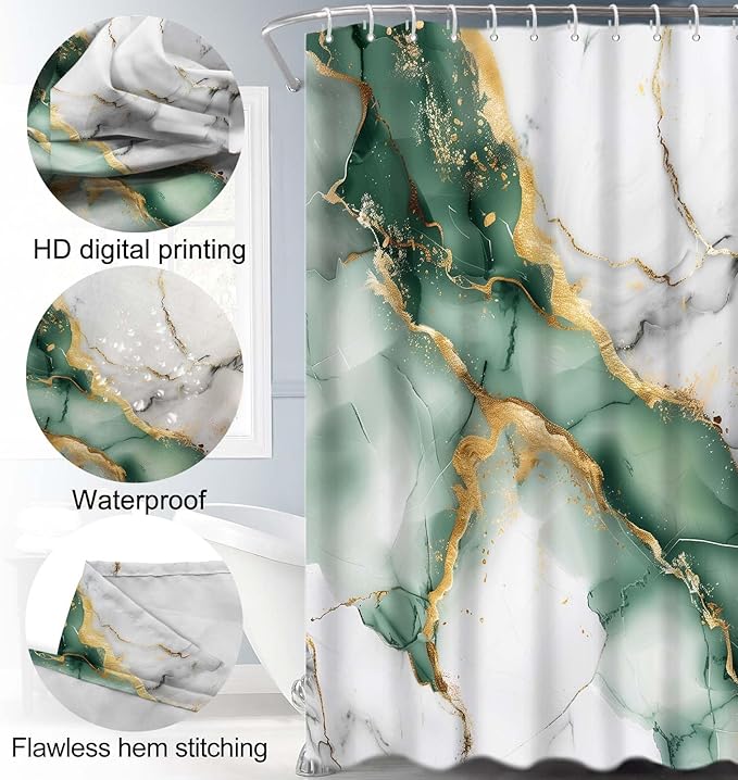Lnond 4Pcs Bathroom Sets with Shower Curtain and Rugs, Marble Bathroom Shower Curtain Sets, Green Grey Gold Modern Art Bathroom Sets with Rugs and Accessories