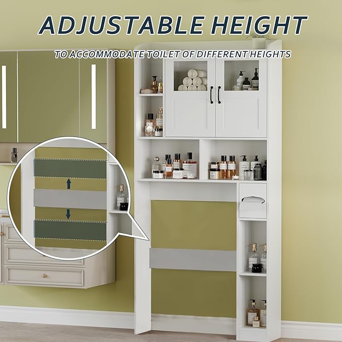 Farmhouse Style Over Toilet Storage Cabinet, 67" Tall Bathroom Organizer Unit with Sliding Barn Doors & Open Shelving for Bathroom, Neutral Wood Grain Finish