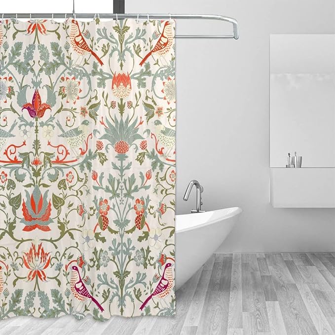 Bohemia William Morris Art Fabric Shower Curtain,Abstract Retro Mid Century Boho Floral Bird Hotel Quality,Machine Washable,72L x66W for Bathroom.