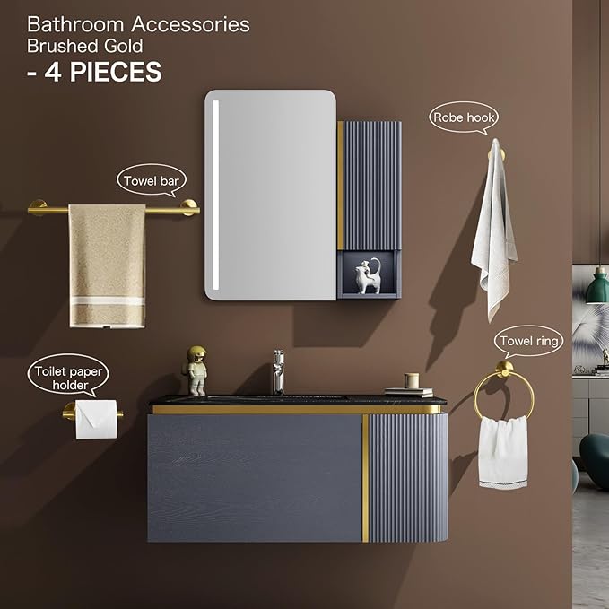 Bathroom Hardware Accessories Set Adjustable Brushed Gold Towel Bar Set 18in Stainless Steel Wall-Mounted Round 4-Piece Bath Towel Bar Set