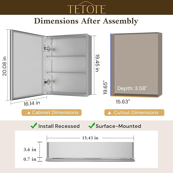 TETOTE 16 x 20 Bathroom Mirror with Storage with Tempered Beveled Mirror Silver Medicine Cabinet Aluminum Cabinet DTC Hinges, Stepless Adjustable Shelves, Recessed/Surface-Mounted