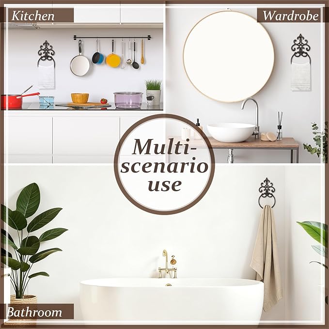 2 Pcs Dark Rust Vintage Cast Iron Solid Towel Ring Fleur De Lis Design Antique Towel Holder for Bathroom Kitchen Accessories Wall Mounted Christmas Party Gifts
