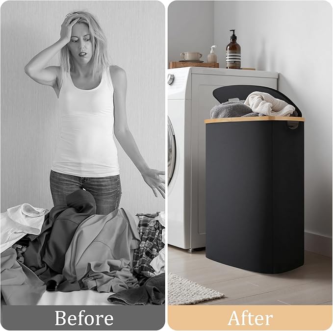 Slim Laundry Basket with Lid, 80L Narrow Laundry Hamper with Removable Bag, Clothes Hampers for Laundry with Bamboo Handles for Bathroom, Bedroom, Dorm & Laundry Room