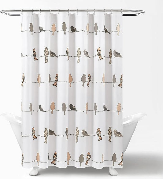 Lush Decor Rowley Birds Shower Curtain, 72” W x 72” L, Blush & Gray - Colorful Floral Bird Pattern - Whimsical & Playful Bird Shower Curtain - Farmhouse, Coastal, & Boho Bathroom Decor