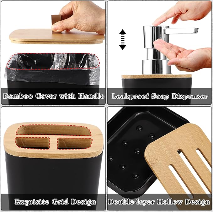 XLHOMO Bathroom Sets with Shower Curtain and Rugs, 27PCS Black Bathroom Accessories Set with Trash Can, Black Shower Curtain Set, No Slip Super Absorbent Bathroom Rugs
