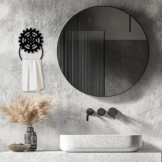 MAYJOYDIY Mechanical Gear Metal Towel Ring Gear Industrial Style Towel Holder Wall Decor Towel Hanger Black Art Towel Rack Wall Mounted for Bathroom Kitchen Home Decors Gift