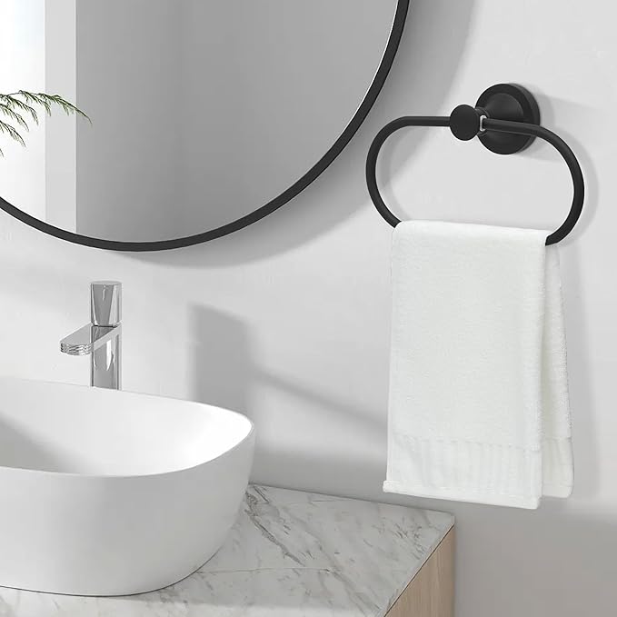 Black Bathroom Hand Towel Holder, Matte Black Towel Ring Holder, Wall Mounted Oval Towel Rack Hanger Home Half Round Bathroom Hardware Accessory Modern