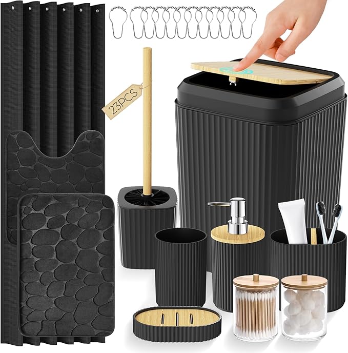 Bathroom Accessories Set - Black Bathroom Set with Shower Curtain and Rugs, Trash Can, Toilet Brush with Holder, Soap Dispenser, Toothbrush and Toothpaste Holder, Cup, Soap Dish, Qtip Holders, Hooks