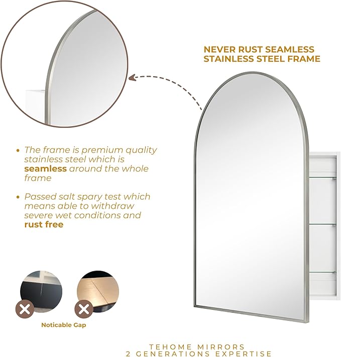 TEHOME 24 x 36'' Brushed Nickel Arch Bathroom Medicine Cabinet with Mirror Recessed and Surface Mounted Medicine Cabinet Mirror