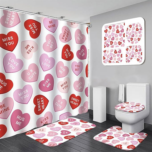 Drydiet 4 Pcs Valentines Shower Curtain Set, Non Slip Rugs Toilet Lid Cover U Shape Bath Mat and 12 Hooks Conversation Heart Pink Bathroom Supplies for Valentines Accessories Decor Set