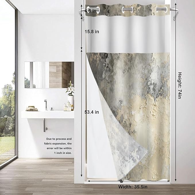 Shrahala Taupe Squares Texture No Hooks Shower Curtain with Snap in Liner Set, Grey and Beige Art Painting Bathroom Décor Polyester Fiber Waterproof for Stall Bathtubs 35.5 X 74 in