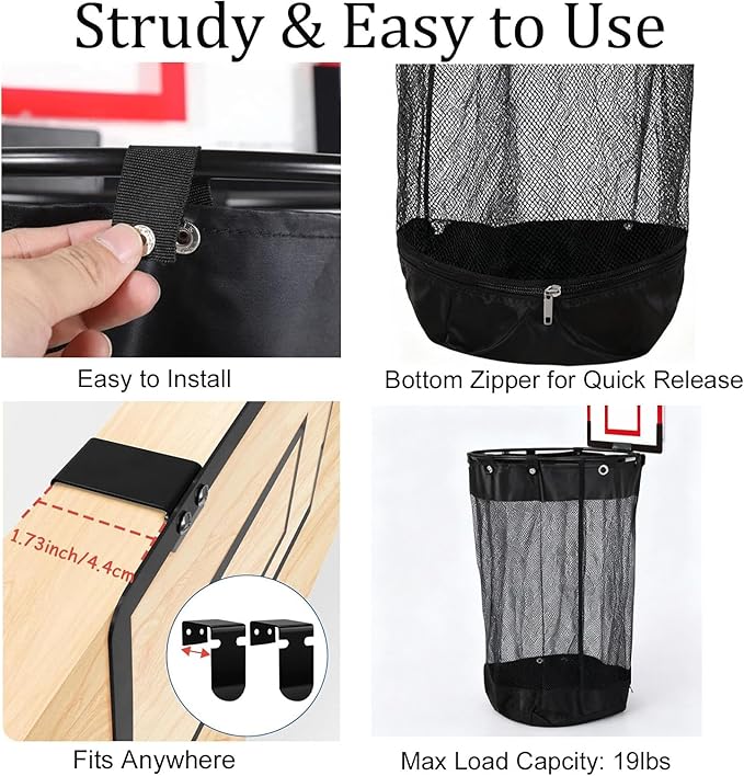 Over the Door Basketball Laundry and Net, Basketball Laundry Hamper Hoop with Zipper, Space-Saving Storage and Organization, for Kids Room, Dorm Rooms, Bathroom