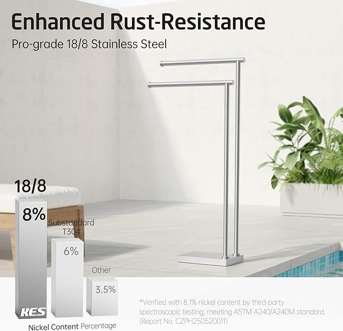 KES Free Standing Towel Racks for Bathroom with 3X Thicker Base, 2-Tier Towel Rack Stand for Bathroom Floor, Upgrade Steady Design, Pro-Grade 18/8 Stainless Steel Brushed Finish, BTH239A-2