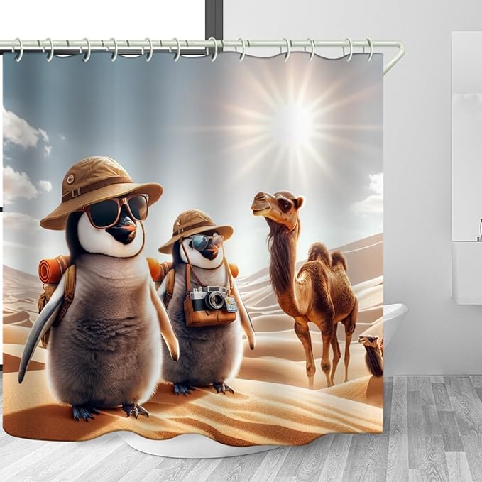 Bathroom Shower Curtains, Desert Penguin Camel Theme Design Waterproof Shower Curtains, Bathroom Decoration Set Animal Shower Curtain Hook 72 "Wx72 L-inch Fabric Shower Curtain.