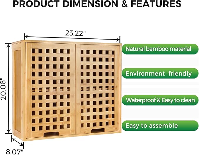 ZYBT Bathroom Wall Cabinet Wall Mounted Organizer, Medicine Cabinet, Over The Toilet Storage, Bamboo Medicine Cabinets with Doors and Shelves, Wall Storage for Bathroom Kitchen Living Room