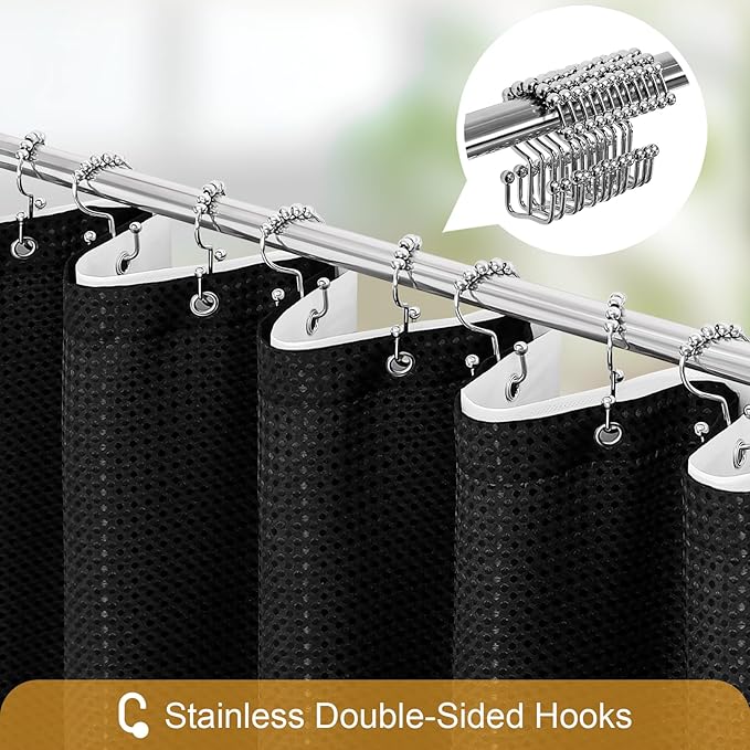 Gibelle 3 in 1 Black Waffle Shower Curtain Set 72x72, Luxury Weighted Fabric Shower Curtain with PEVA Liner, 12 Stainless Steel Double-Sided Hooks, Water Repellent, Bathroom Decor