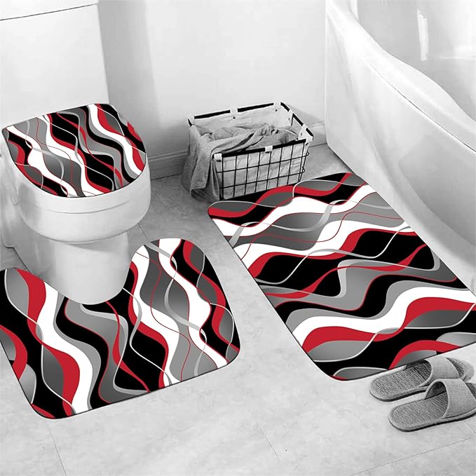 Nkzply 4 Pcs Red and Black Shower Curtain Set Grey and White Bathroom Sets with Shower Curtain and Rugs Modern Striped Bathroom Decor Accessories Shower Curtains for Bathroom Toilet Lid Cover Hooks