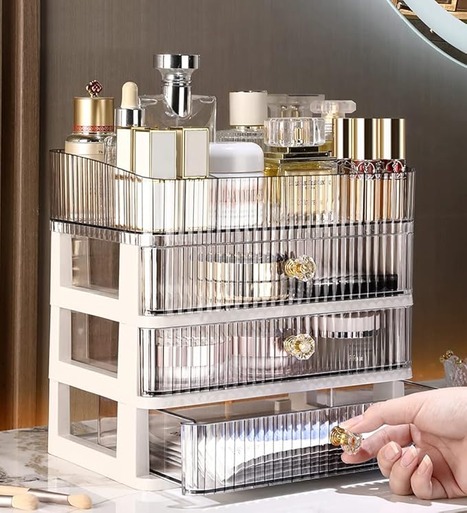 No band Makeup Organizer Cosmetic Storage Organizer for bathroom Vanity Countertop,Cosmetic Display Box Case with Drawers and Cover Waterproof Dust-proof (pink1)