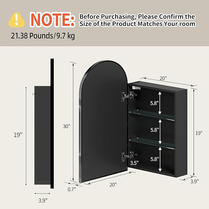 FKWin Bathroom Mirror with Storage, Medicine Cabinet Mirror for Left or Right Opening, Surface Mount Medicine Cabinet not Recessed, Bathroom Vanity Mirror with Storage, Black, 20x30 inch