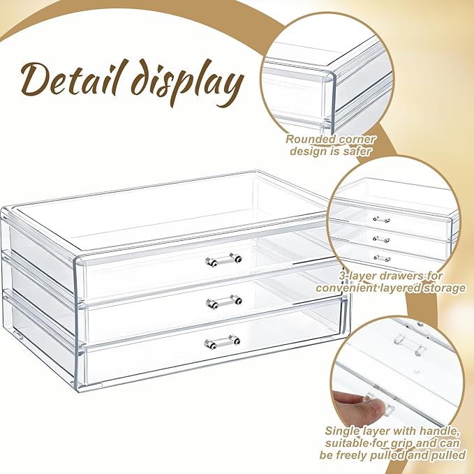 Acrylic Makeup Organizers, 9.3 X 5.3 X 4 Inch Stackable Makeup Organizer Acrylic 3 Drawer Storage Organizers Clear Stationery Organizer for Dresser, Bathroom, Vanity, Countertop