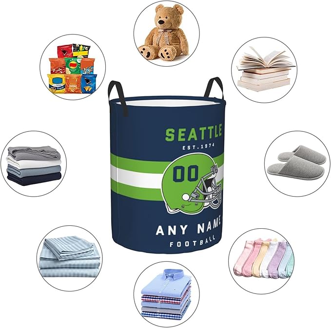 Custom Seattle Laundry Hamper - Personalized Football Style Laundry Basket - Customized Name and Number - Dirty Clothes Hamper Waterproof Large Capacity Hamper for Bedroom Bathroom Living Room