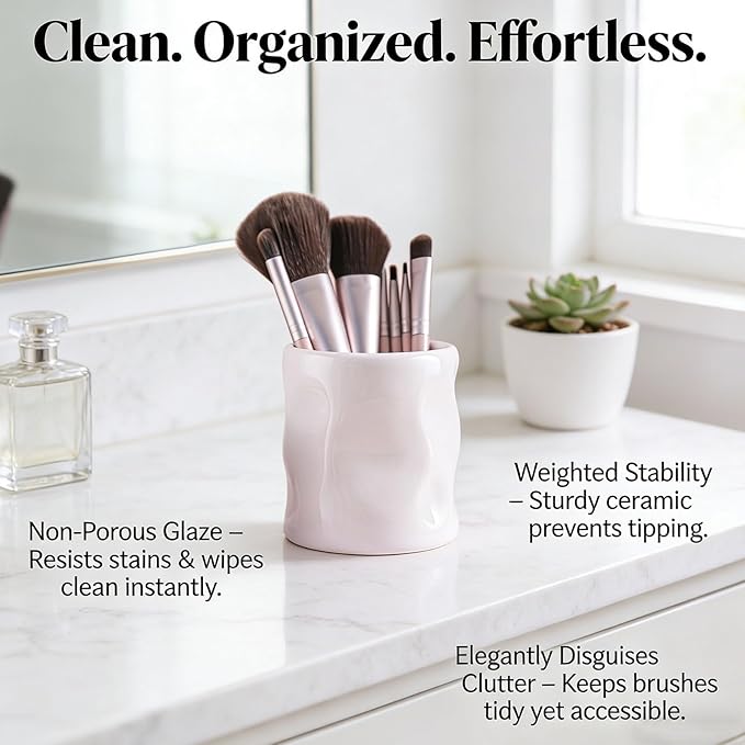 Premium Ceramic Makeup Brush Holder - Weighted & No-Tip Organizer with Easy-Clean Glaze, Vanity Storage for Brushes, Elegant Bathroom & Dresser Tabletop Decor An ideal gift for women (grey)